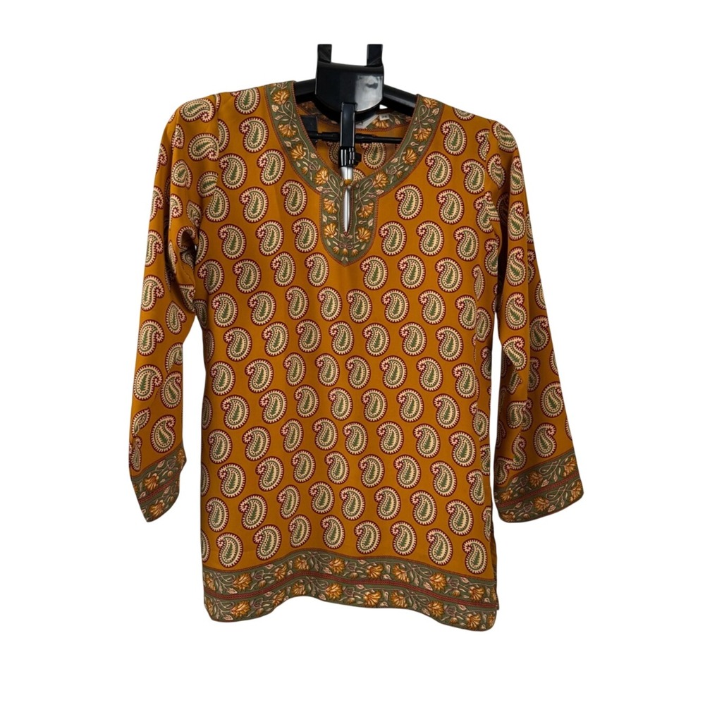 BIBA Paisley Tunic Top Womens 36 Mustard Boho Indian Kurti Long Sleeve
